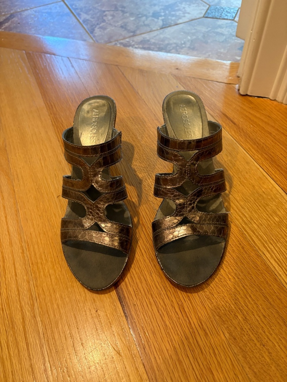 AEROSOLES Bronze Metallic Multi-Strap Slide Mules